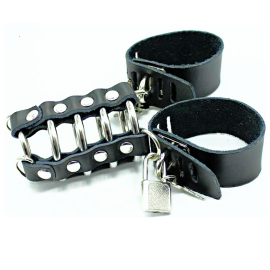 Ohmama Fetish Leather Strap Metal Ring Cock Cage With Ball Divider